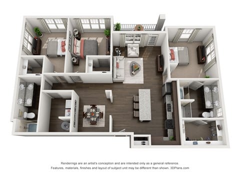 Floor plan for 3 beds, 2 baths, 1544 sqft